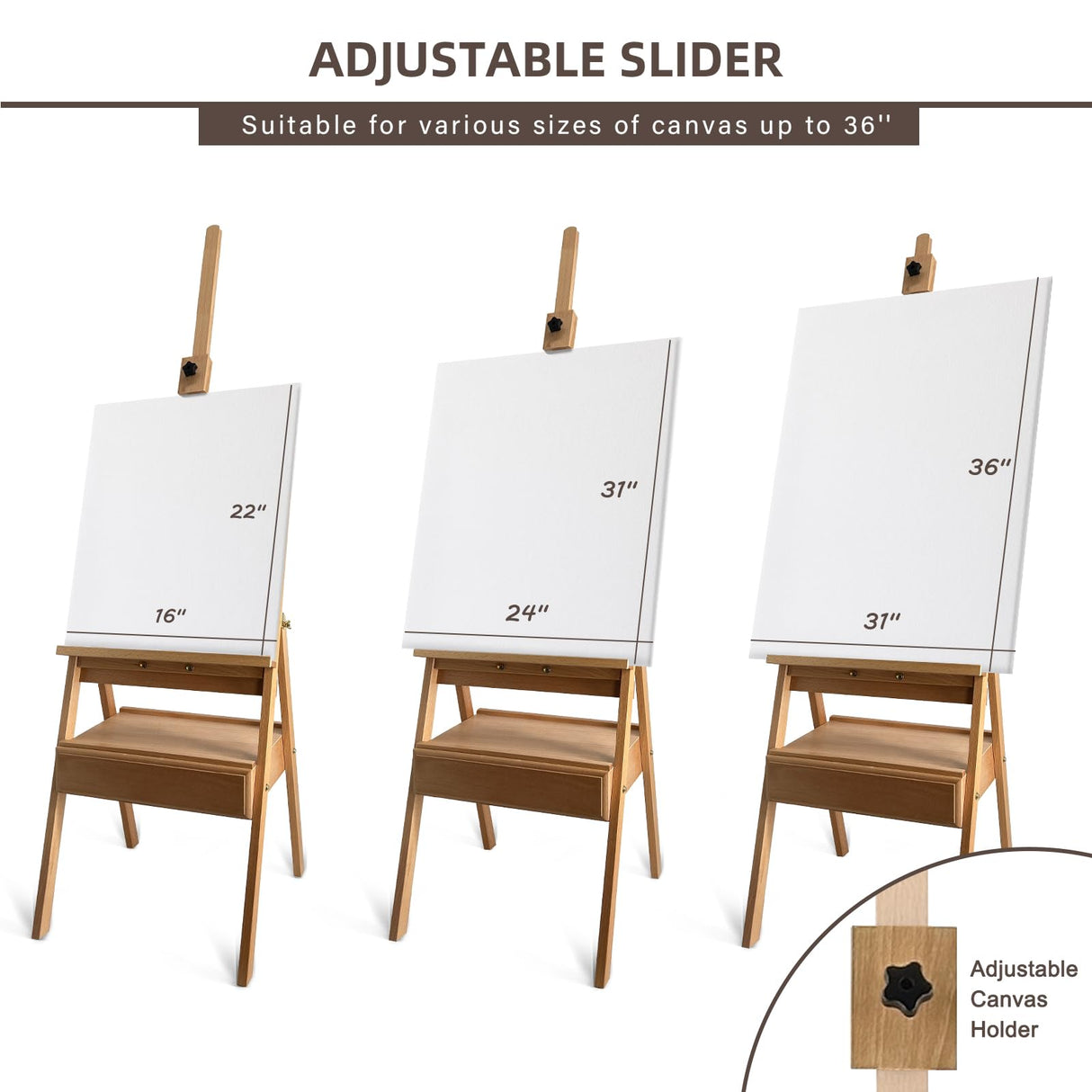 Stuelloaf Large Solid Beech Wood Painting Easel with Storage Drawer(60"~75" H), H-Frame Adjustable Wooden Easel Stand with Signature Box for Adults, Students,Sturdy Canvas Holder up to 36'' Stuelloaf