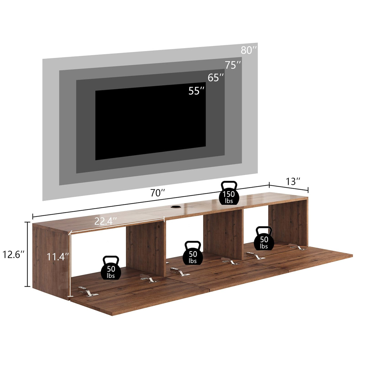 AMERLIFE 70" Floating TV Stand with LED Lights and Power Outlet, High Gloss Wooden Texture Wall Mounted Entertainment Center with Doors, Media Console for TVs Up to 80", Espresso AMERLIFE