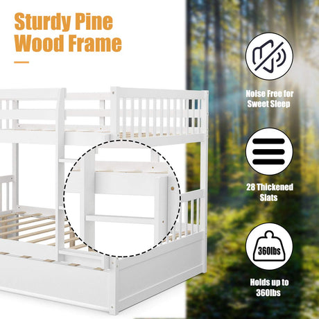 KOMFOTT Wood Full Over Full Bunk Bed with Trundle, Bunk Bed Frame with Ladder, Solid Wood Frame & Safety Guardrails, Space-Saving Bunk Bed for Teens & Adults, No Box Spring Needed KOMFOTT