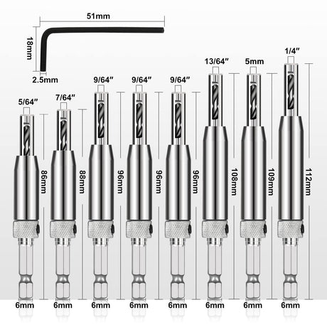 COMOWARE 17pcs VIX Bits Self Centering Drill Bit Set, 1/4" Hex Shank Self Centering Hinge Drill Bit Set for Woodworking Window Door Hinge, Quick Change with 1 Hex Key & 8 Drill Bits 5/64-1/4” COMOWARE