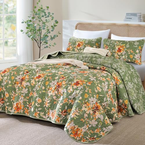 Dobuyly Green Floral Quilt Set King Size, Botanical Flowers Bedspreads Coverlet Set, 3 Pieces Soft Lightweight Microfiber Quilt Bedding Set for All Seasons 110"x90" Dobuyly