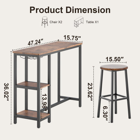 Qsun 3-Piece Bar Table Set for 2, Bar Table with Stools & 2 Storage Shelves, Small Bar Table Set with Glass Rack, Small Kitchen Table for Dining Room, Living Room, Rustic Brown Qsun