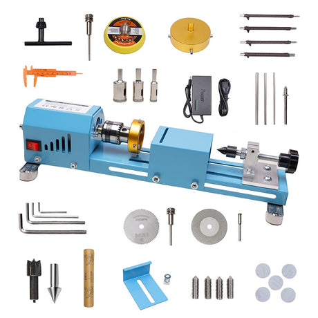 BACHIN Mini Lathe Wood Lathe Machine Multi-Purpose Type Lathe with Wood Lathe Milling Accessories, for Wood Polishing, Grinding, Cutting and Milling ，2.76 in x 6.3 in, 24VDC 96W，7 Speeds BACHIN