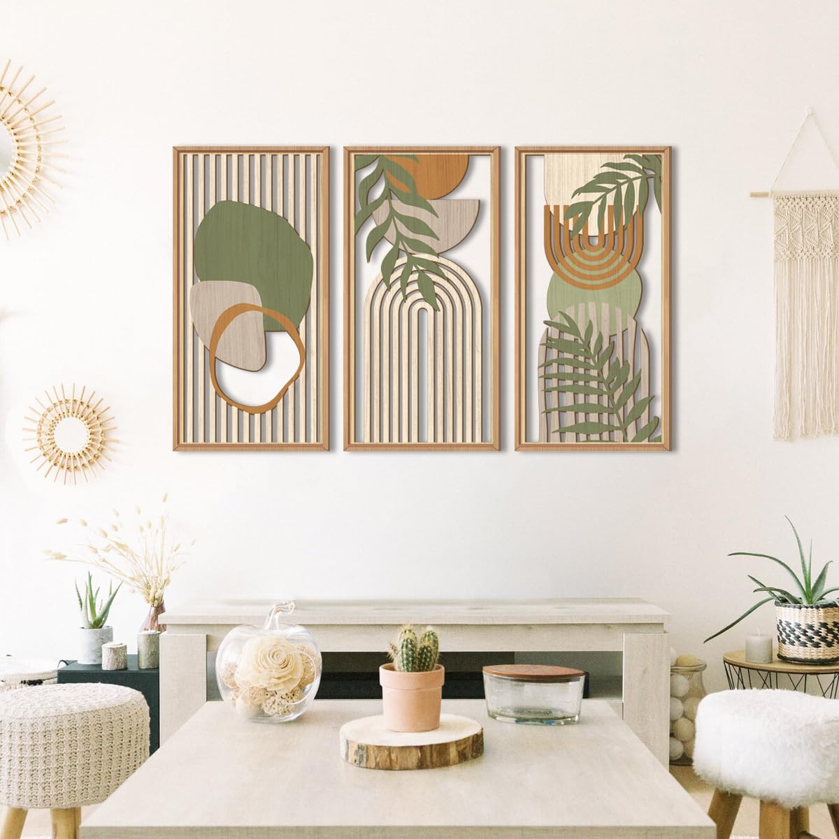 IARTTOP Large Abstract Geometric Wood Wall Art Framed Boho Wall Art Set Of 3 Mid Century Modern Wall Art Neutral Wall Decor For Bedroom Living Room Office-16 x32 IARTTOP