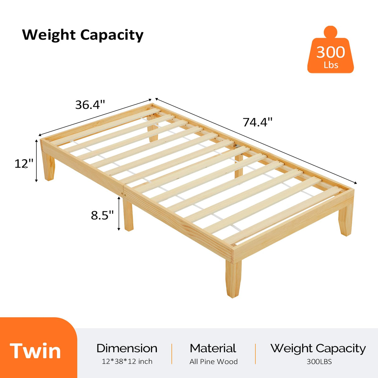 VINGLI 12 in Classic Twin Solid Wood Platform Bed Frame with Storage Space Underneath,Sturdy Wooden Bed Slat Support, Minimalist Design, No Box Spring Needed, Pine Mattress Foundation, Natural Oak VINGLI