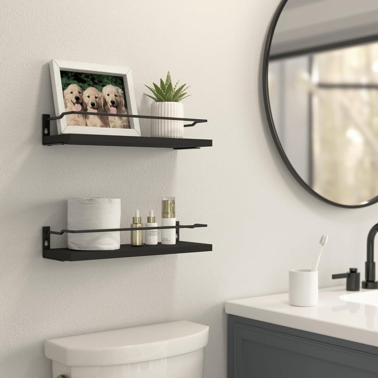 RICHER HOUSE Bathroom Shelves, Black Floating Wall Shelf Organizer Over Toilet Storage with 2 Shelves RICHER HOUSE
