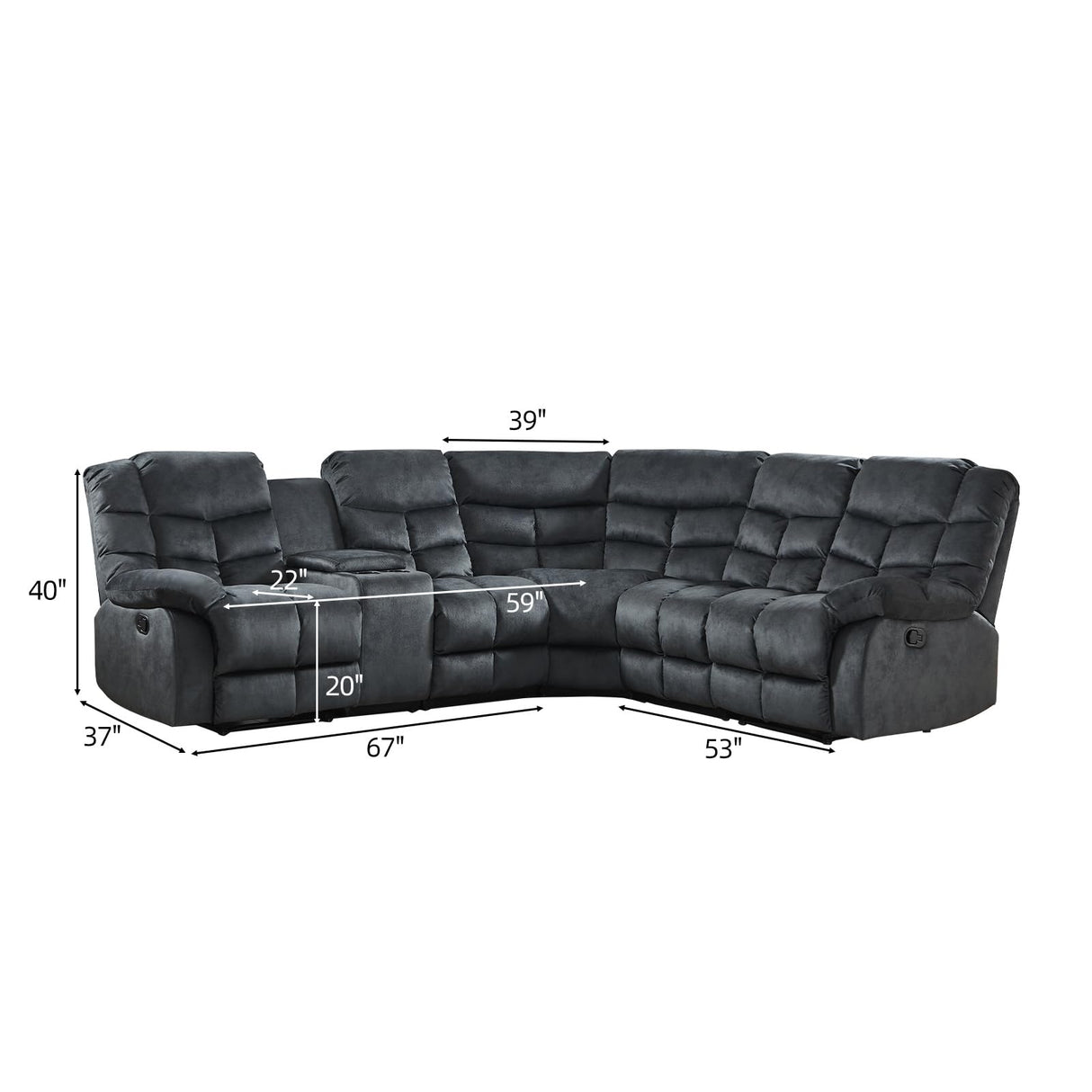 EBELLO Manual Reclining Sectional Sofa Set for Living Room, Soft Fabric Recliner Corner Sectional Couch with Center Console, Cup Holder and Storage, Grey EBELLO