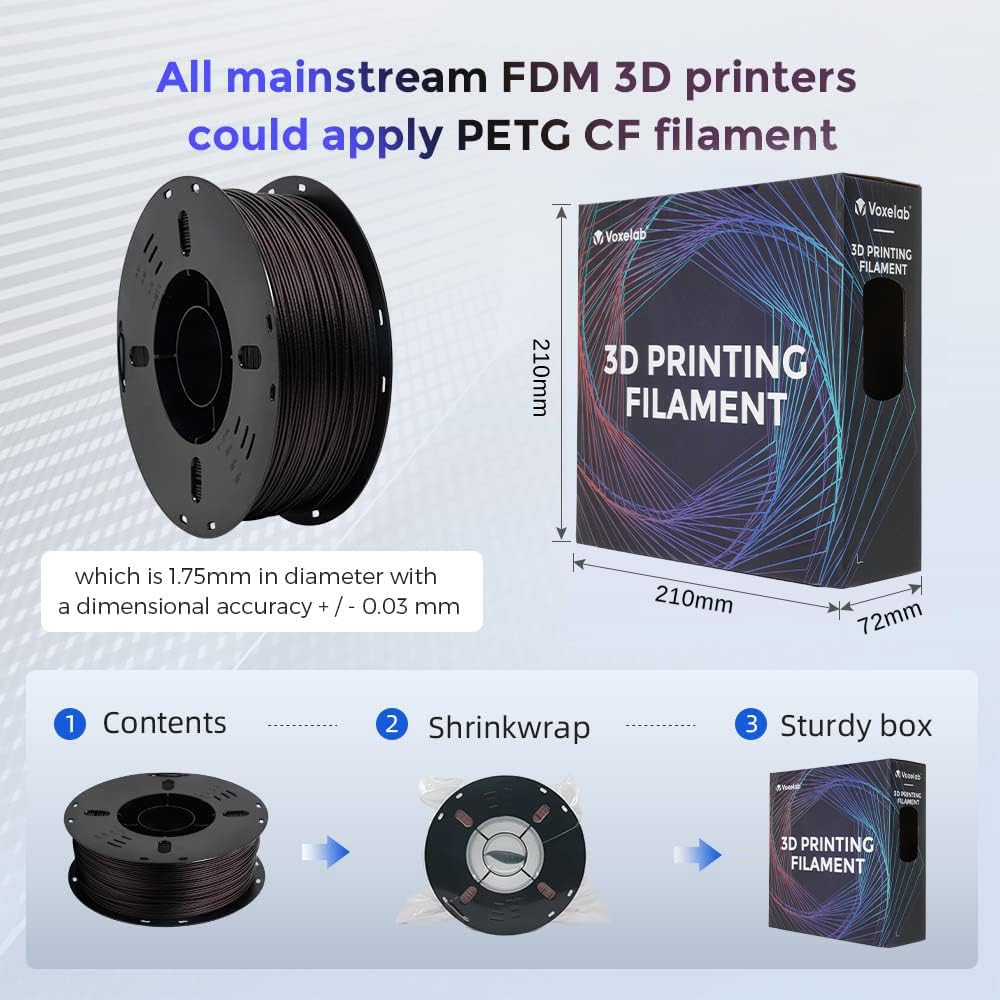 VOXELAB Carbon Fiber PETG 3D Printer Filament, PETG Carbon Fiber Black Filament 1.75mm 1KG (2.2 LBS) 1 Spool, 3D Printing Material, Dimensional Accuracy +/- 0.02 mm, PETG CF Black Voxelab