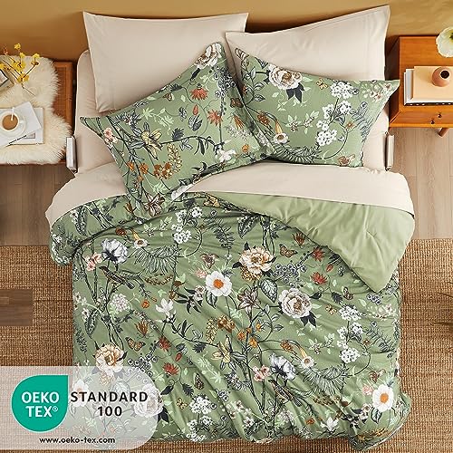 CASAAGUSTO King Size Comforter Set - 7 Pieces Green Floral Bedding Sets, King Bed in a Bag with Botanical Butterfly Comforter, Sheets, Pillowcases & Shams for All Seasons CASAAGUSTO