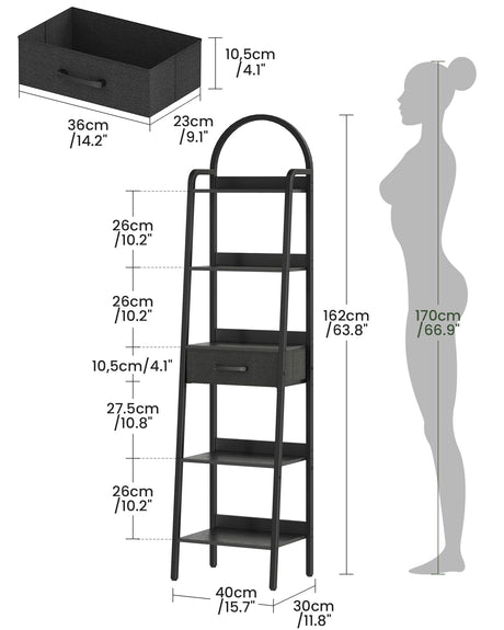 CHOEZON 5 Tier Ladder Shelf with Drawer, Tall Ladder Bookshelf, Standing Bookcase with Metal Frame for Living Room, Bathroom, Home Office, Study, Balcony, Black TCJ07BB CHOEZON