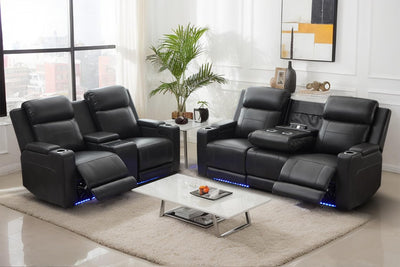 Netpane Breathable Leather Power Recliner Sofa Set with LED, Power Reclining Sofa and Loveseat Set with Adjustable Headrest/Wireless Charger/Storage Console for Living Room/HomeTheater (Grey&Black)