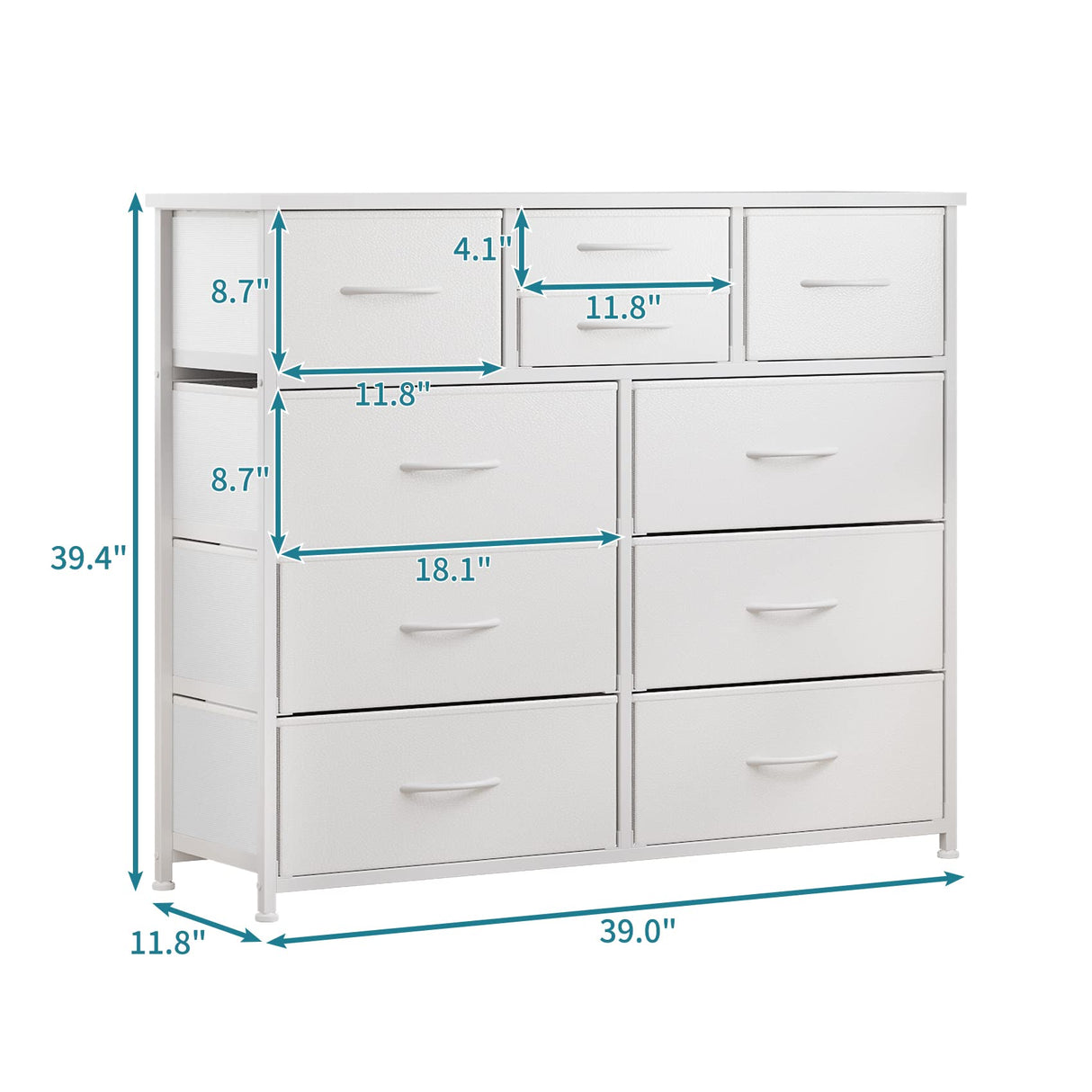 LUMTOK 10-Drawer Dresser, Fabric Storage Dressers Drawers for Bedroom, Hallway, Nursery, Closets, Steel Frame, Wood Top, Easy Pull Handle (White) LUMTOK