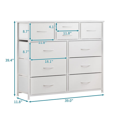 LUMTOK 10-Drawer Dresser, Fabric Storage Dressers Drawers for Bedroom, Hallway, Nursery, Closets, Steel Frame, Wood Top, Easy Pull Handle (White) LUMTOK
