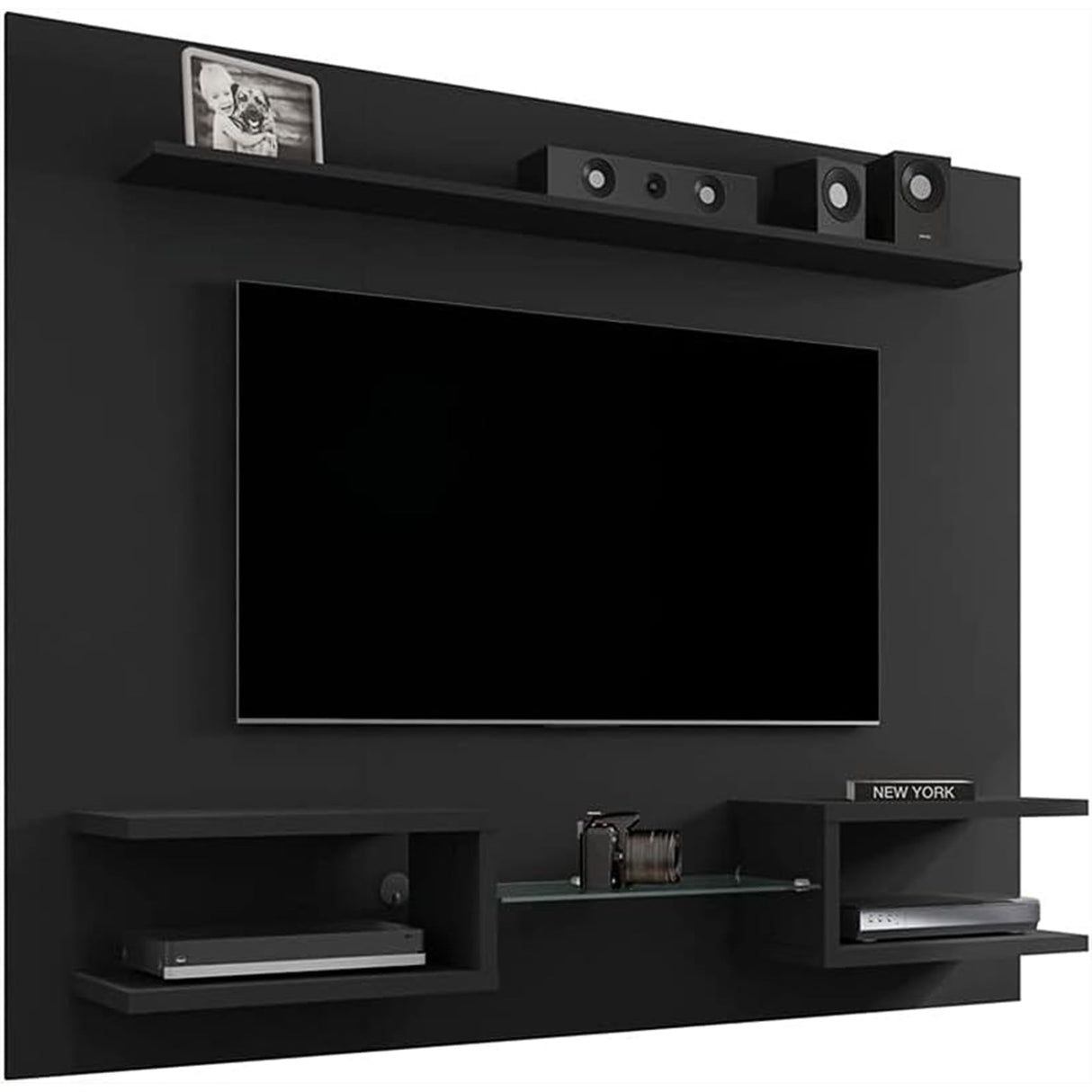 Manhattan Comfort Plaza Floating Entertainment Center for Living Room, Wall Mounted TV Stand with Display Shelves, Wire Management & Mounting Hardware, Fits up to 50" Screens, Black Manhattan Comfort