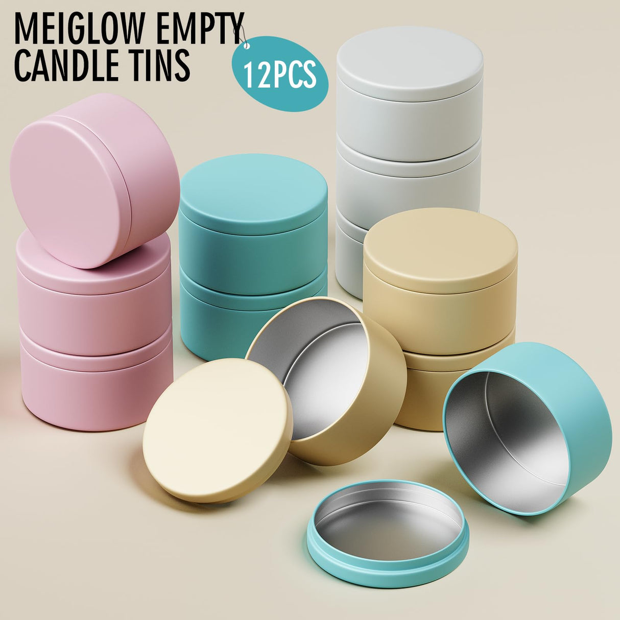 MeiGlow 6oz Macaron-Color Candle Tins 12PCS, Empty Matte Candle Jars Candle Containers with Lids, Wicks, Stickers, Wicks Holder for DIY Candle Making MeiGlow