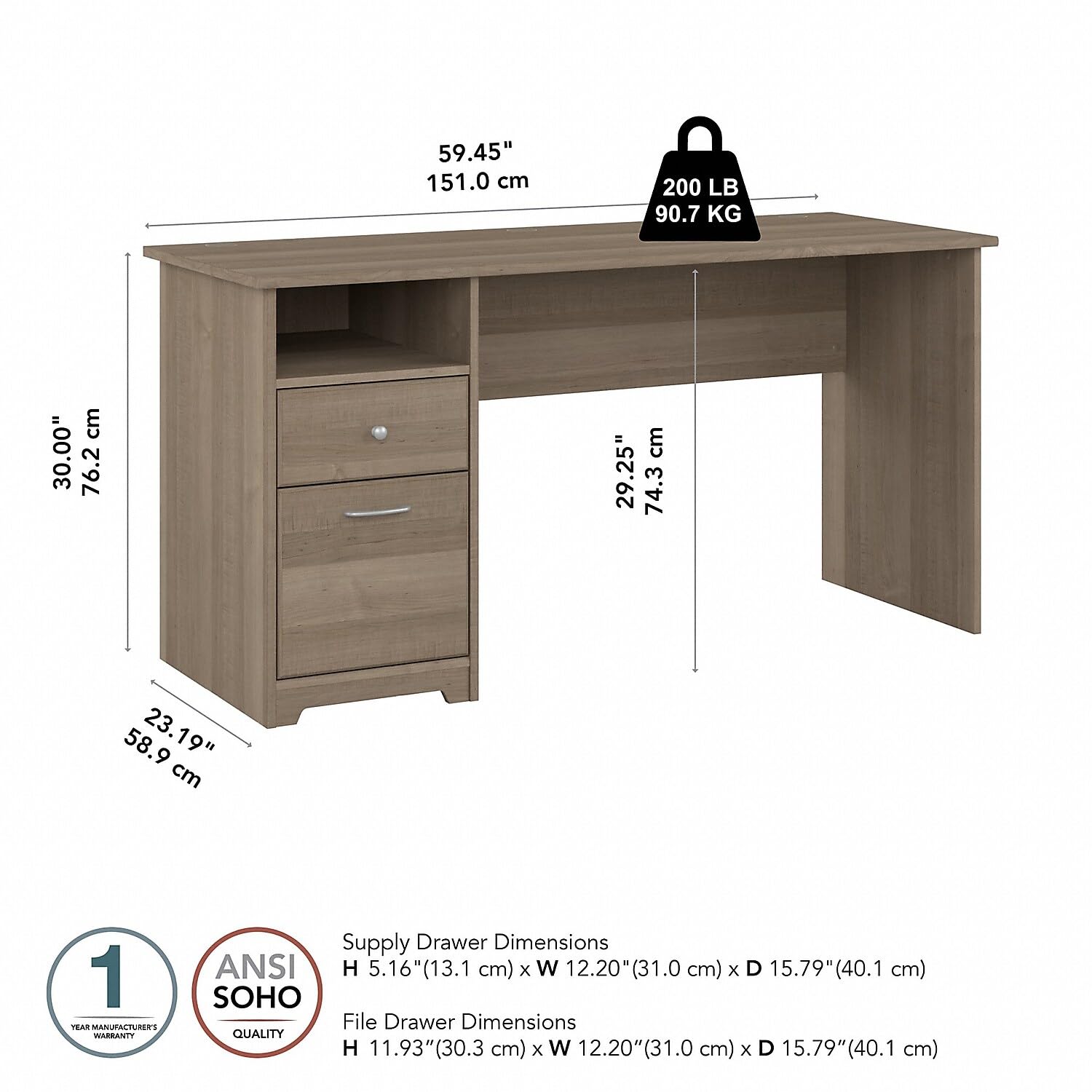 Bush Furniture Cabot 60W Office Desks for Home Office with Storage and Chrome Hardware | Elegant Computer Table with Drawers, Ash Gray - WoodArtSupply