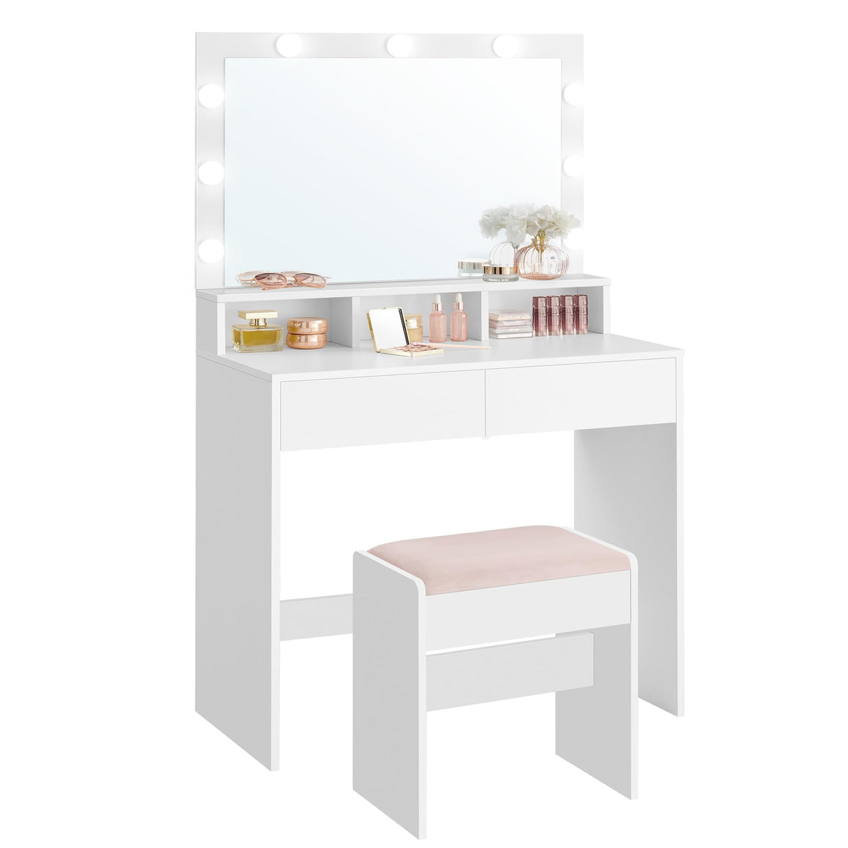 VASAGLE Vanity Desk with Mirror and Lights, Makeup Vanity with Upholstered Vanity Stool, 9 Dimmable LED Lights, 3 Compartments, 2 Drawers, for Bedroom, Cloud White URDT129W01 VASAGLE
