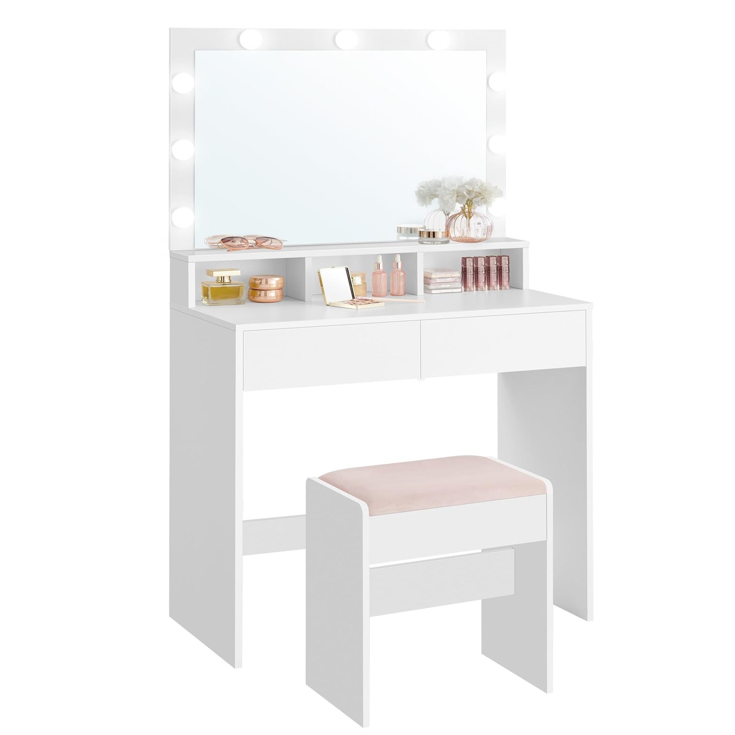 VASAGLE Vanity Desk with Mirror and Lights, Makeup Vanity with Upholstered Vanity Stool, 9 Dimmable LED Lights, 3 Compartments, 2 Drawers, for Bedroom, Cloud White URDT129W01 - WoodArtSupply