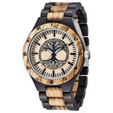 Dentily Men's Wood Watch Engraved Tree of Life Pattern Quartz Watch for Men Hand-Made Wooden Watches Dentily