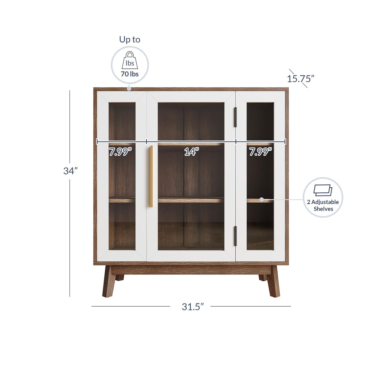 BELLEZE Sideboard Buffet Cabinet, Modern Curio Cabinet 3-Tiers Console Table for Kitchen Glass Display Cabinet Storage/Pantry Cabinet Coffee Bar for Living Room Entryway, White BELLEZE