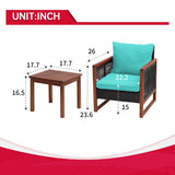 FDW 3-Piece Patio Bistro Set Acacia Wood Outdoor Chat Conversation Table Chair Set Outdoor Wood Chat Set with Water Resistant Cushions and Coffee Table for Beach Backyard Garden,Blue Cushion FDW