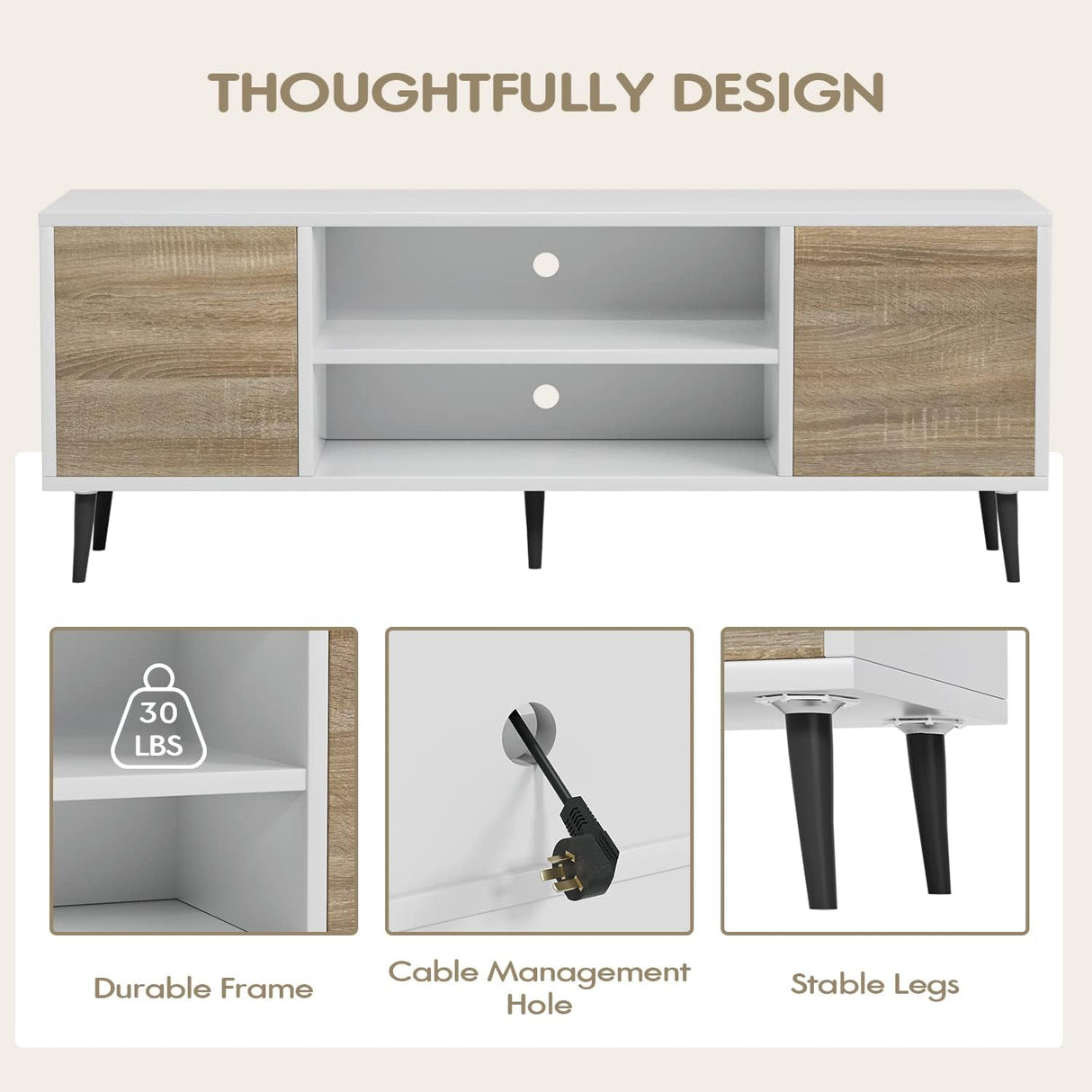 YESHOMY Modern TV Stand for 65" Television, Entertainment Center with Two Storage Cabinets, Retro Style Media Console for Living Room, Bedroom, Office, 58 Inch, White and Coffee YESHOMY