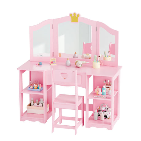 JOYMOR Kids Vanity Table and Chair Set, 2 in 1 Princess Vanity, Girls Vanity Storage Cabinet w/Tri-Folding Mirror, Beautiful Holiday, Birthday Gifts (Pink) JOYMOR