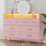 Patikuin Pink Dresser for Bedroom with LED Light & Charging Station, 8 Drawers Wooden Dressers for Women with Open Space, Modern Chest of Wide Drawers for Girls Bedroom Living Room, Entryway, Hallway Patikuin
