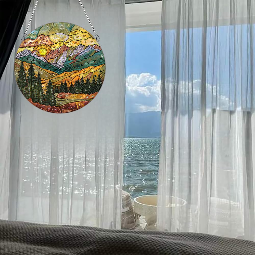 hospitian DIY Hanging Diamond Art Pendant Painting Kit Landscape,Mountain Sunset Diamond Painting Kits for Adults,Special Crystal Gem Craft Painting Kit Ornament 9.4x9.4inch hospitian