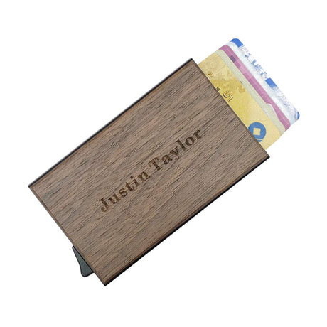 MOJIA Personalized Pop Up Wallet, Custom Engraved Wooden Metal Credit Card Holder for Men and Women, RFID Blocking Mini Bank Card Holder Case, Perfect Gifts (Walnut) MOJIA