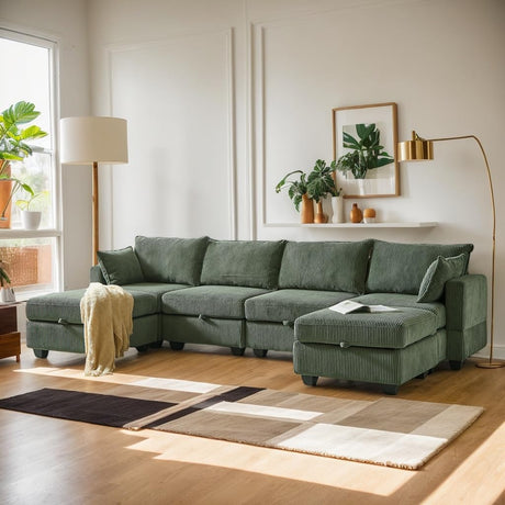 KEIKI 113.5" Modular Sectiona Corduroy Sofa Storage Ottoman, 6 Seat Sectional U Shaped Couches for Living Room Bedroom Office Apartment, Green KEIKI