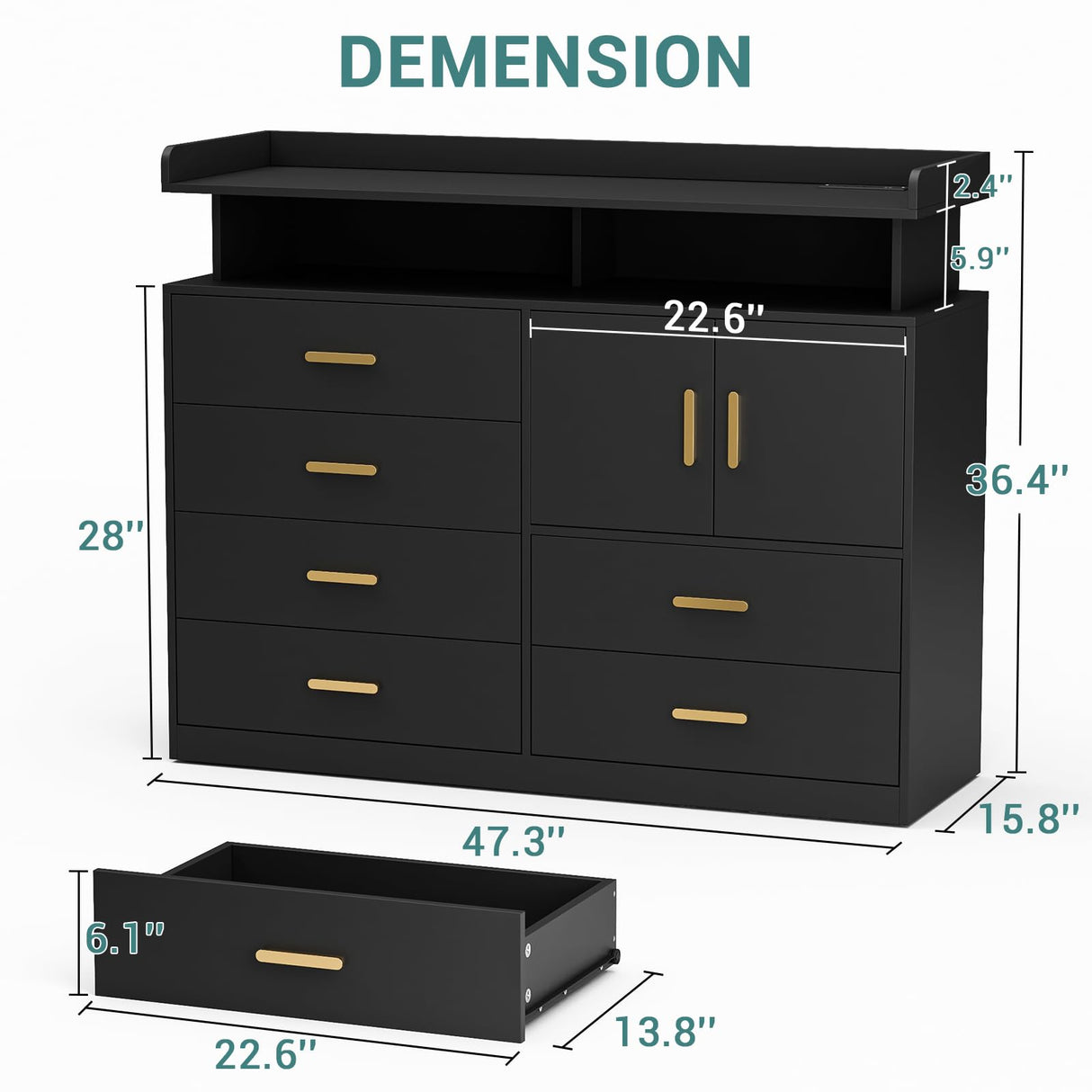 Yeyawomy Black 6 Drawer Dresser with Charging Station & Led Light for Bedroom, Accent Chests of Drawers with Large Cabinet, Modern Storage Dresser with 2 Layer Shelves for Bedroom,Hallway Yeyawomy