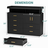 Yeyawomy Black 6 Drawer Dresser with Charging Station & Led Light for Bedroom, Accent Chests of Drawers with Large Cabinet, Modern Storage Dresser with 2 Layer Shelves for Bedroom,Hallway Yeyawomy