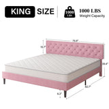 HOMBCK King Size Bed Frame and Headboard, Upholstered Bed Frame King Linen Fabric with Wood Slats, Button Tufted, No Box Spring Needed, Pink HOMBCK