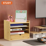 KKTONER 5-Tier Bamboo Desk Organizer with Drawer Tabletop File Organizer Document Holder with Shelf Desktop Cabinet for Home Office School Supplies (Natural) KKTONER