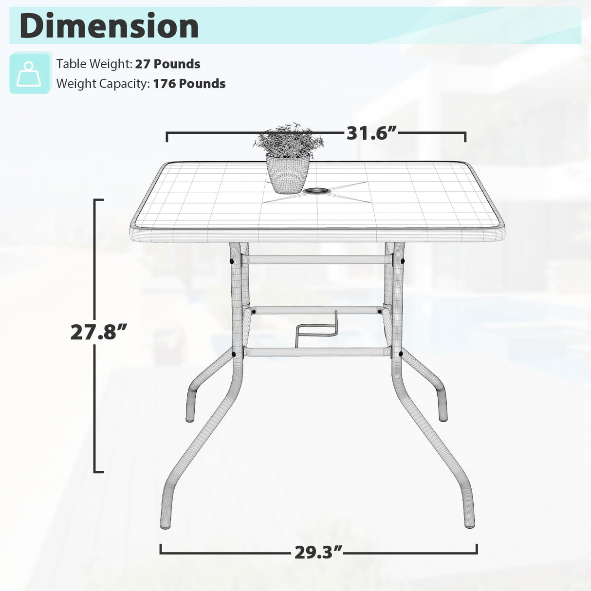 Square Outdoor Table, Patio Table with Umbrella Hole, Patio Dining Table with Tempered Glass, Outdoor Dining Tables, Square Patio Table for Balcony, Backyard, Poolside, Sunroom, Patio Tables, Black MKDLUFEI