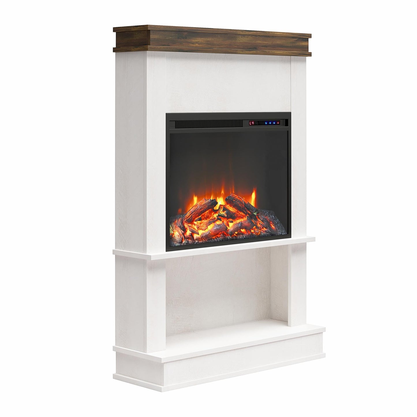 Ameriwood Home Mateo Electric Fireplace with Mantel & Open Shelf, 30", Ivory Oak