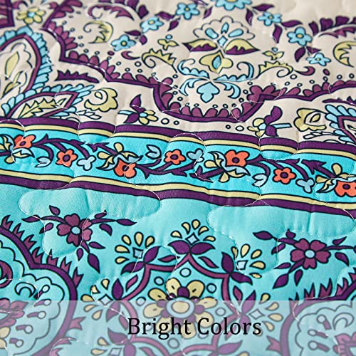 WONGS BEDDING Boho Queen Quilt Set, Blue Purple Bohemian Queen Quilt Bedding Set, Lightweight Microfiber Bed Decor Bedspread for All Season 96"x90"(3 Pieces) WONGS BEDDING