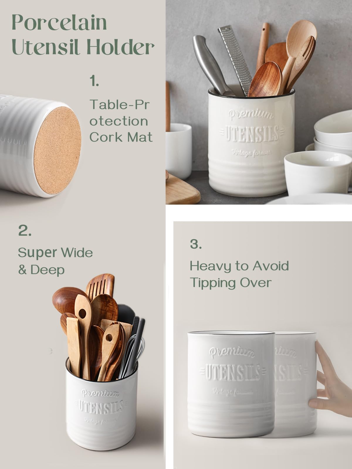 DOWAN 7.2″ Extra Large Kitchen Utensil Holder - Farmhouse Utensil Holder for Countertop - Ceramic Utensil Crock with Protection Cork Mat - Kitchen Decor & Housewarming Gift (White) DOWAN