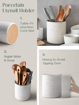 DOWAN 7.2″ Extra Large Kitchen Utensil Holder - Farmhouse Utensil Holder for Countertop - Ceramic Utensil Crock with Protection Cork Mat - Kitchen Decor & Housewarming Gift (White) DOWAN