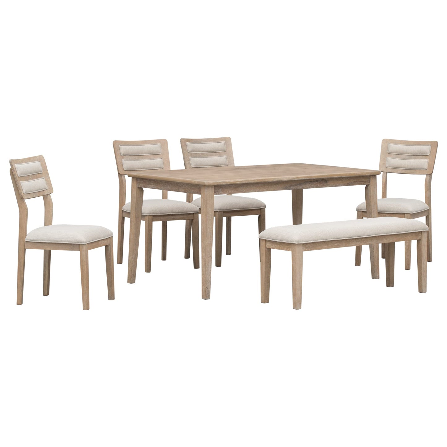 Merax 6 Piece Kitchen Dining Table Set, 60 inch Wooden Rectangular Table with 4 Upholstered Chairs and a Bench, Dining Room Table Set for 6 People, Living Room Furniture (Natural Wood Wash)