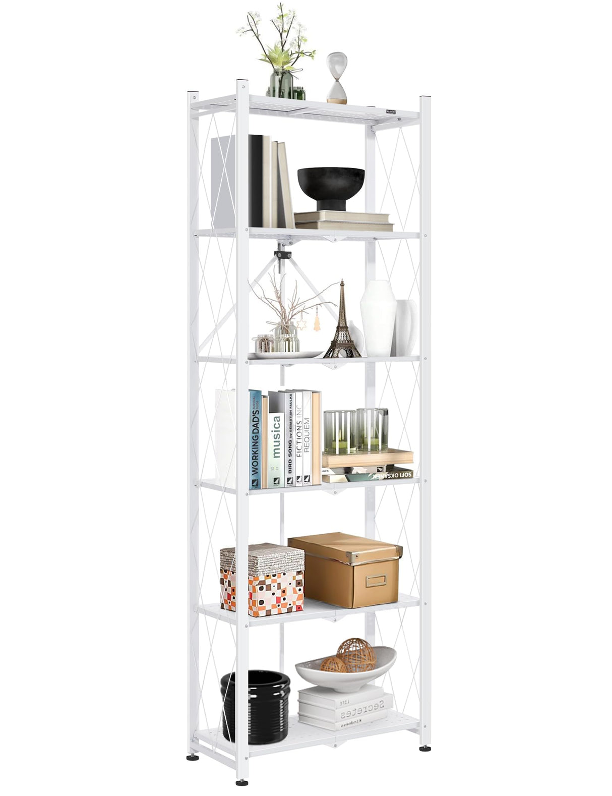 ALANNG 70.7-Inch Folding 6-Tier Metal Bookshelf - Versatile Heavy-Duty Bookcase (White, 2-Pack) ALANNG