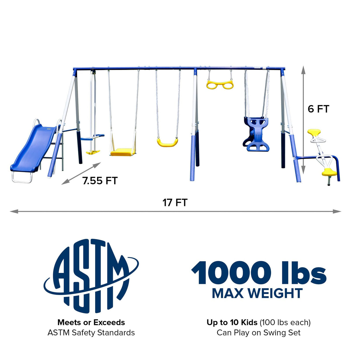 Sportspower Super 9 Metal Swing Set: Teeter Totter, 2 Kid Glide Ride Swing/Roman Glider Swing, Standing Swing + Trapeze Bar, Blow Molded Swing + 5' Wavy Slide Bonus 4pc Anchor Kit*, Blue/Yellow Sportspower
