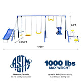 Sportspower Super 9 Metal Swing Set: Teeter Totter, 2 Kid Glide Ride Swing/Roman Glider Swing, Standing Swing + Trapeze Bar, Blow Molded Swing + 5' Wavy Slide Bonus 4pc Anchor Kit*, Blue/Yellow Sportspower