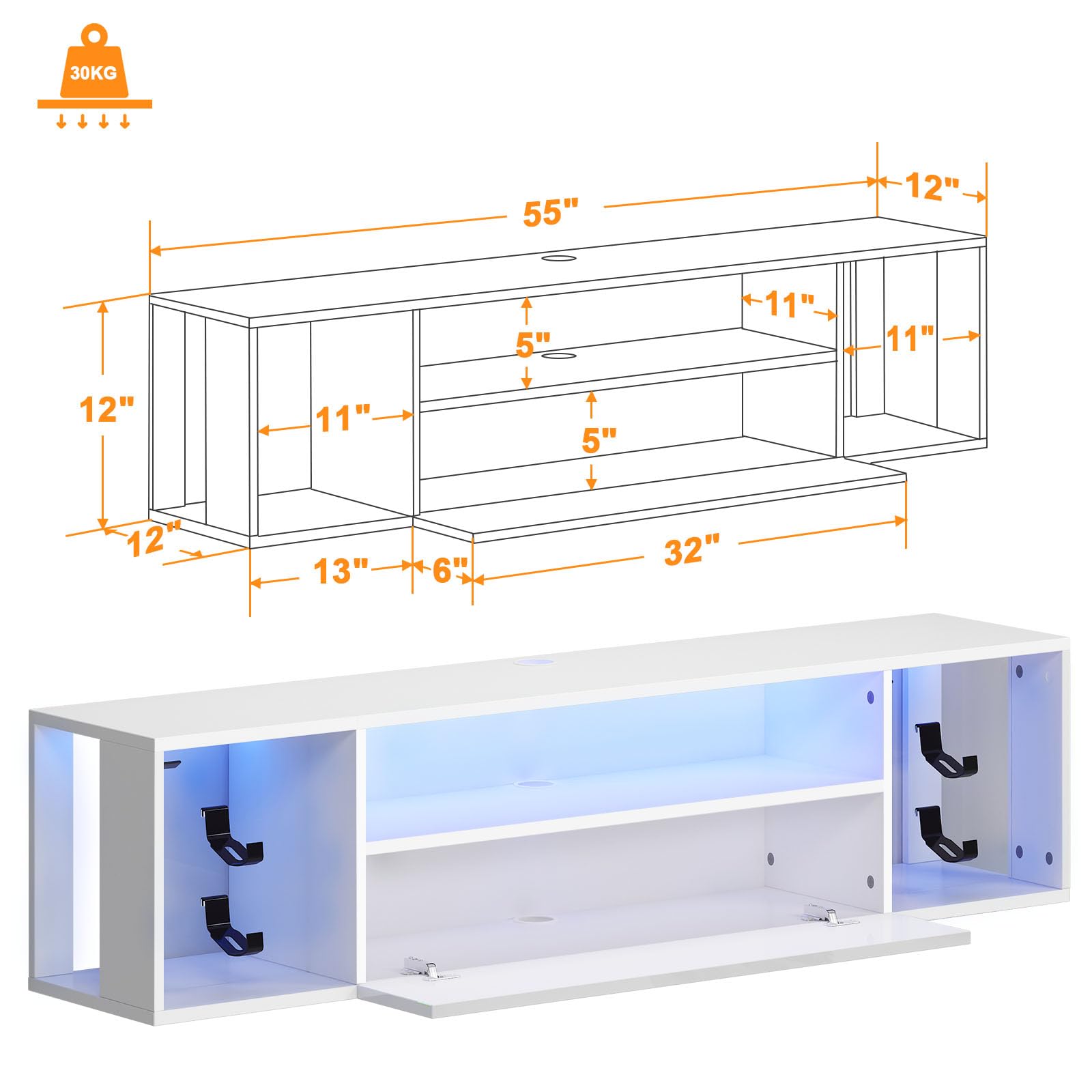 SogesPower Floating TV Stand with Lights,Floating Entertainment Center Wall Mounted LED TV Stand with Storage for Living Room Bedroom,Modern White Floating TV Shelf, 55inch - WoodArtSupply