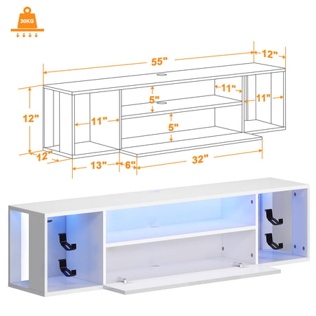 SogesPower Floating TV Stand with Lights,Floating Entertainment Center Wall Mounted LED TV Stand with Storage for Living Room Bedroom,Modern White Floating TV Shelf, 55inch SogesPower