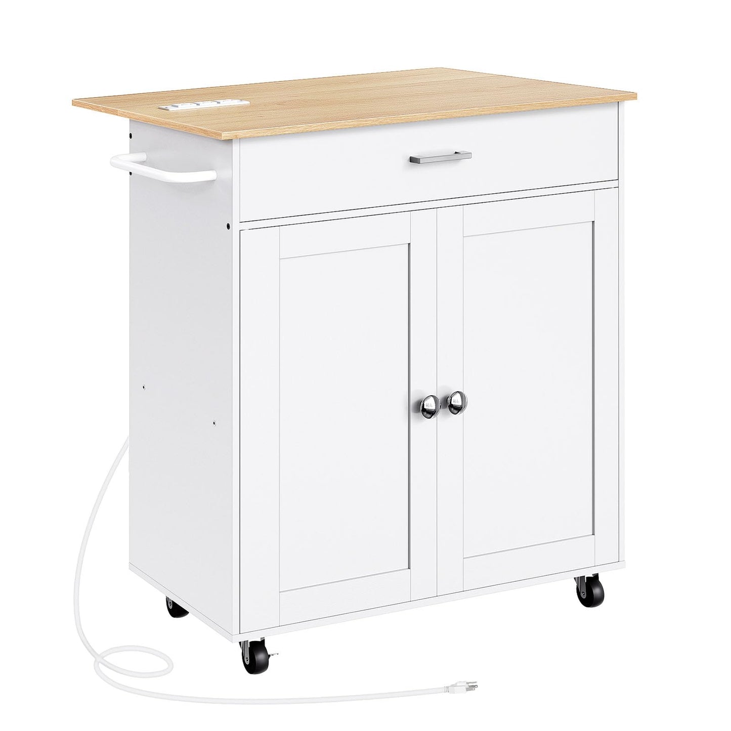 CHOEZON Kitchen Island Cart with Folding Breakfast Bar, Kitchen Island Table with Charging Station, Rolling Island Cart for Kitchen, Kitchen Table with Cabinet, White and Natural MZD01UWN