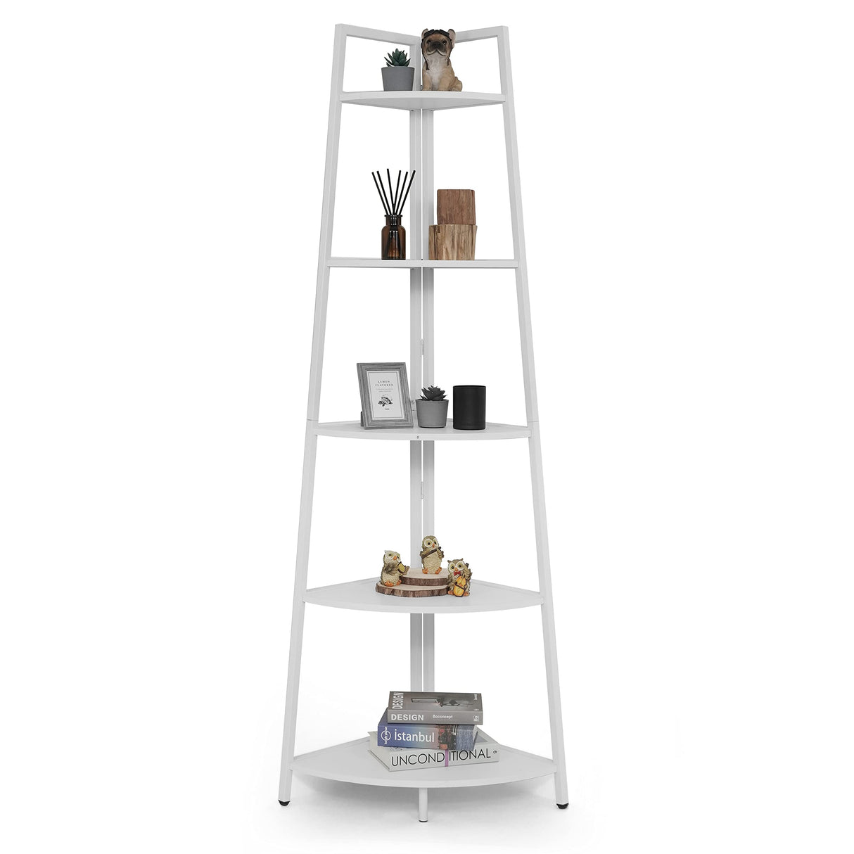 CAPHAUS Tall Corner Shelf Stand, 5-Tier Display Shelves, Ladder Corner Wood Storage Plant Bookshelf with Metal Frame, Versatile Shelving Unit Bookcase for Home Office Space, White CAPHAUS