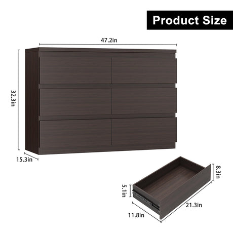 Simply Modern 6-Drawer Dresser, Chest of Drawers for Bedroom, Living Room, Hallway, and Entryway - Large Storage Cabinet with Smooth Metal Rails - Retro Brown Jocoevol