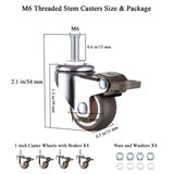 Luxinika 1 Inch Caster Wheels with M6 Threaded Stem, Small Swivel Stem Casters Set of 4 with Brakes, TPE Rubber Rolling 15 mm Screw Wheels for Furniture Tiny Shopping Cart Wire Shelving Luxinika
